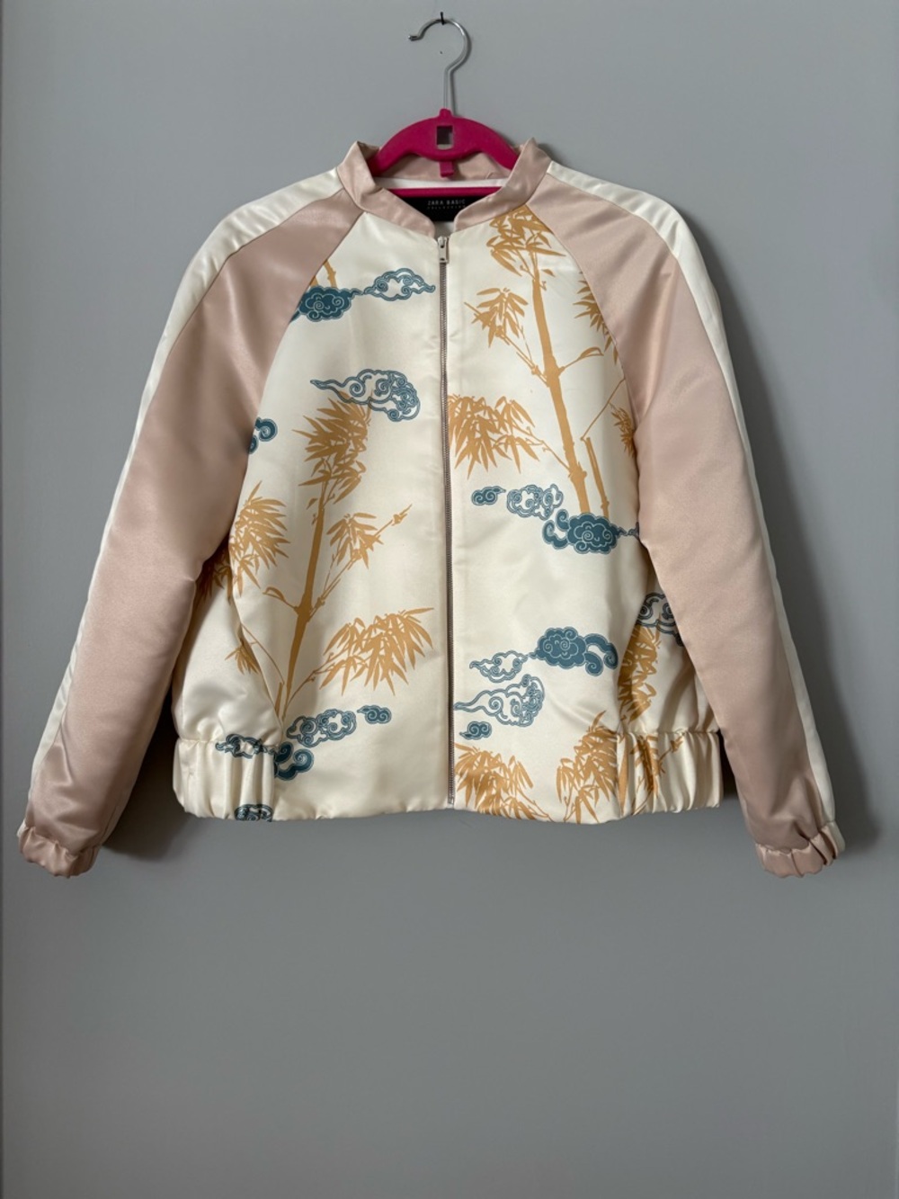 Zara Satin Bomber Jacket in Blush, Cream & Gold, Asian-inspired details